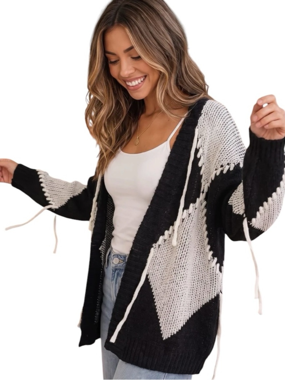 203: KYE MI NWT SWEATER CARDIGAN BLACK WHITE (H1)